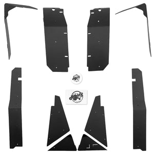 An all-encompassing image displaying the various components of the SP 570 MidSize Combo Kit from MudBusters. The picture reveals the inclusive set of front and rear fender flares, extensions, and dump bed panels designed to offer outstanding protection and functionality to the Polaris Ranger SP 570 Midsize.