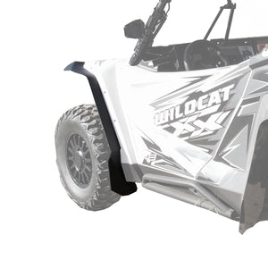 Detailed view of Arctic Cat Wildcat XX, featuring the front MudBusters fender flares, emphasizing their sturdy design and effective splash protection.
