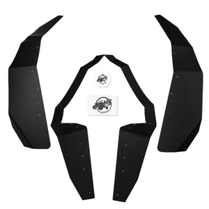 An impressive hero shot displaying the MudLite coverage fender flares for a Kawasaki KRX 1000 4-seater, laid out to showcase their sleek design and optimal protection against mud and debris.