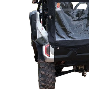 Behind side view of MudBusters Yamaha RMAX 4 OEM fender extensions, highlighting the sleek design and seamless integration for enhanced off-road protection and style.