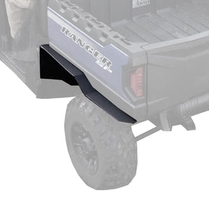 A clear image showcasing the rear Max Fender Flares from MudBusters installed on a Polaris Ranger SP 570. The image vividly illustrates the fender flares' comprehensive coverage and robust construction, offering substantial protection against off-road debris and elements while reinforcing the vehicle's rugged aesthetics.