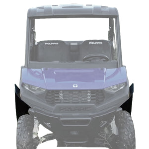 A front view photo of MudBusters Max Coverage Fender Flares installed on a Polaris Ranger SP 570, highlighting their rugged design and effective protection for the front wheels, amplifying the vehicle's off-road capabilities.