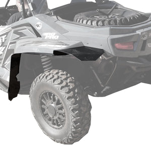 Close-up of rear MudBusters fender flares installed on an Arctic Cat Wildcat XX, demonstrating their sturdy build and effective mud protection.