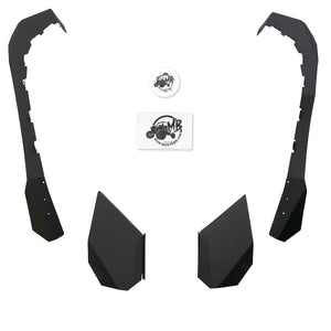 Hero shot featuring all the components of the MudBusters Mud-Lite Kit, specifically designed for the 2018-2023 Textron Arctic Cat Wildcat XX, highlighting the front and rear fender flares that offer superior protection against mud and debris