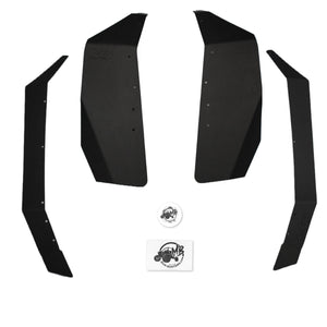 A captivating hero shot featuring the RaceLite coverage fender flares for a Kawasaki KRX 1000 4-seater, laid out on a clean white background to highlight their streamlined design and effective protection against mud and debris.