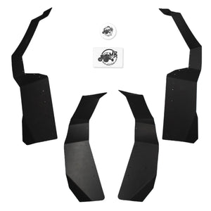 An eye-catching hero shot displaying the Super Max coverage fender flares for a Kawasaki KRX 1000 4-seater, laid out to emphasize their robust design and exceptional protection against mud and debris.