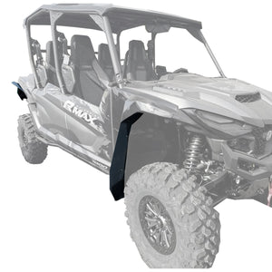Side view of a RMAX4 four-seater off-road Yamaha vehicle equipped with MudBusters mud-lite front and rear fender flares on a white background