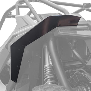 Polaris RZR Pro XP Fender Flares Max Coverage fits  2 and 4 Seaters, image shows front installation and coverage