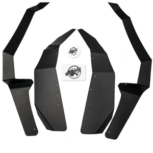 Top down view of all the items in the Kawasaki Teryx KRX 1000 Mudlite Coverage kit, 2 front fender flares, 2 back rear fender flares, 1 hardware kit, and 1 sticker.