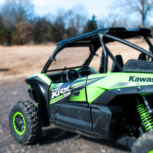 MudBuster Front and Rear Fender Flare with mudlite coverage installed on the Kawasaki Teryx KRX 1000. View from the drivers side.