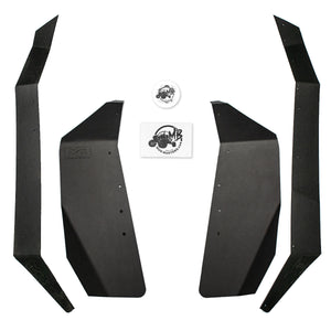 Top down view of items included in the Kawasaki Teryx KRX 1000 Racelite Fender Flares Kit from MudBusters. Kit includes 2 front flares, 2 rear flares, installation hardware kit, and 1 sticker.