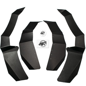 Top down view of items included in an Ultra Max Coverage Wide Fender flare kit for the Kawasaki Teryx KRX 1000. Includes 2 front flares, 2 rear flares, hardware kit, and sticker.