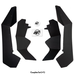 Polaris RZR Pro XP Fender Flares Max Coverage with additional 1 inch fits  2 and 4 Seaters, image shows kit broken out with 4 fender flares 2 rear and 2 front, 1 hardware kit and 1 sticker.