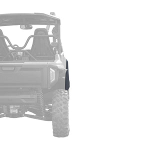 Yamaha Wolverine RMAX2 1000 with Mudbusters Mud-Lite Coverage fender flares shown installed front and rear from passenger side perspective looking at the back.