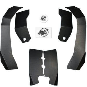 Yamaha Wolverine RMAX2 1000 Super Max Coverage Mudbusters fender flares broken out in the kit, 6 plastic parts, 1 hardware kit, and 1 sticker.