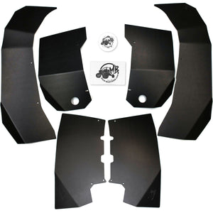 Yamaha Wolverine RMAX2 1000  with MudBusters Ultra Max Coverage Fender flare kit, shows 6 plastic parts, 1 hardware kit, and 1 sticker