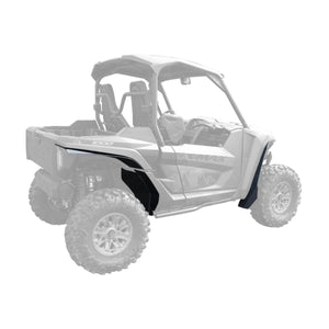 Yamaha Wolverine RMAX2 1000 with Mudbusters Mud-Lite Coverage fender flares shown installed front and rear from passenger side perspective.