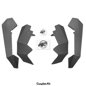 Polaris RZR Pro XP Fender Flares Max Coverage fits  2 and 4 Seaters, image shows kit broken apart with 2 front fenders, 2 rear fenders, hardware kit and sticker