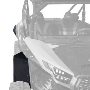 MudBusters Front and Rear Racelite Fender Flares for Kawasaki Teryx KRX 1000 installed, view is from looking at the front passenger side.