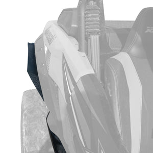 MudBusters Rear Racelite Fender Flares for Kawasaki Teryx KRX 1000 installed, view is looking towards the back from the passenger side