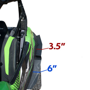 Kawasaki Teryx KRX 1000 Super Max Coverage Rear Fender Flare with measurments on installed flare, 3.5 inch extension over the tire, and 6" of coverage over the front of the rear fender.