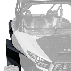 Kawasaki Teryx KRX 1000 Super Max Coverage Fender Flares installed on passenger side, showing the added coverage