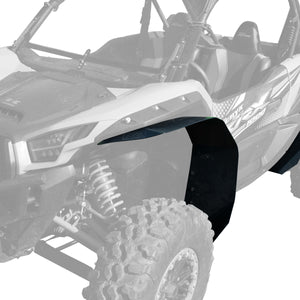 Kawasaki Teryx KRX 1000 Super Max Coverage Fender Flares installed on passenger side, showing the added coverage