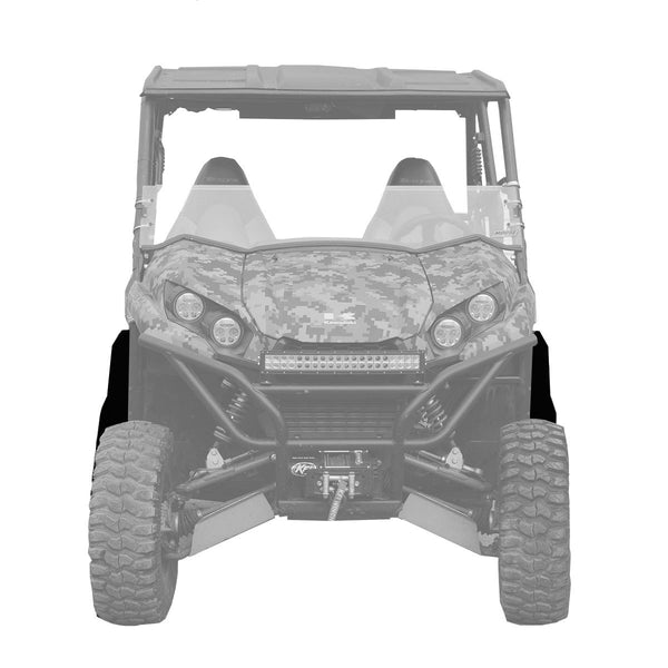View from looking directly at the front of the kawasaki Teryx 2 UTV with front super max fender flares installed.