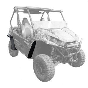 Off center view of passenger side with front and rear fender flare with ultra max coverage for the Kawasaki Teryx 2 installed