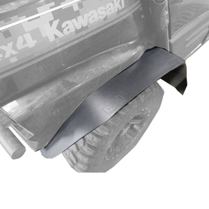 Top down view of rear ultra max coverage fender flare installed installed on passenger side. Clear view of logo.