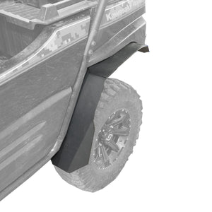 Showing  driver side rear fender flare with ultra max coverage for the Kawasaki Teryx 2.