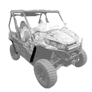 Kawasaki Teryx 2 passenger side view with MudBusters Max Coverage Fender Flares installed.