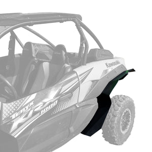 Ultra Max Coverage Wide Fender Flares shown installed on  Kawasaki Teryx KRX 1000. View is from facing the driver side looking at the rear.
