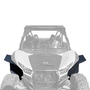Ultra Max Coverage, wide fender flare shown from the direction of facing the  front of the vehicle installed on the fronts of the Kawasaki Teryx KRX 1000.