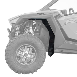 Polaris RZR Pro XP Fender Flares Max Coverage fits  2 and 4 Seaters, image shows front installation and coverage