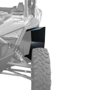 Polaris RZR Pro XP Fender Flares Max Coverage fits  2 and 4 Seaters, image shows front installation and coverage