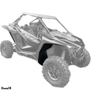 Polaris RZR Pro XP Fender Flares Max Coverage fits  2 and 4 Seaters, image shows front and rear installation