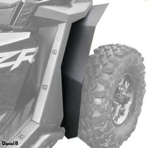 Polaris RZR Pro XP Fender Flares Max Coverage fits  2 and 4 Seaters, image shows rear installation and coverage