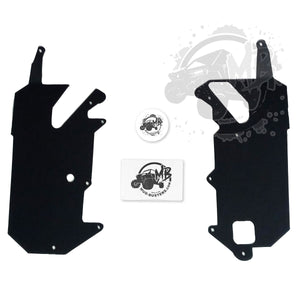 Pro XP RZR mudgards kit contents, 2 mud guards, hardware kit and sticker.