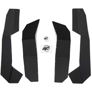 Top down view of Polaris 2020 Pro XP Fender extenstions for Super ATV fenders kit with mudlite coverage.  Shows 2 front fender flares, 2 rear fender flares, hardware kit, and sticker.