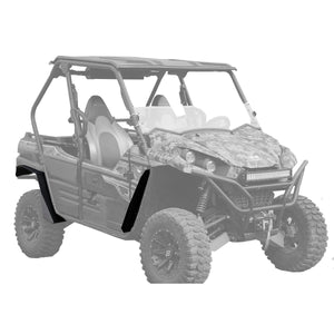 Wider view of passenger side of Kawasaki Teryx 2 with super max coverage fender flares installed on front and rear.