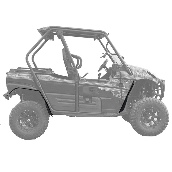 Straight on side view of Kawasaki Teryx 2 passenger side with front and rear super max fender flares installed.