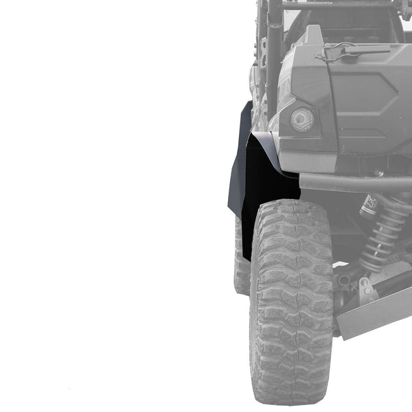 View looking down the passenger side of the Kawasaki Teryx 2 UTV. This image shows the Super Max fender flares installed, and provides an idea of the coverage.