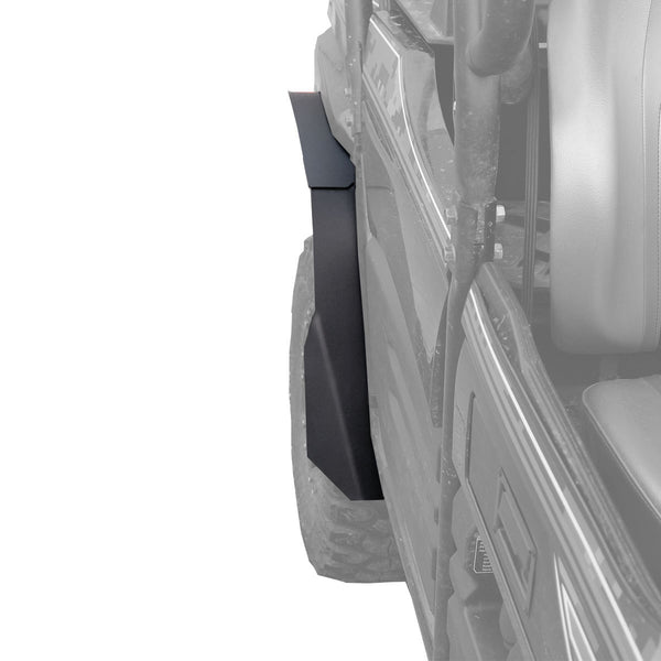 Image of rear passenger fender flare with Super Max Coverage. The image provides how the part looks installed on the Kawaski Teryx 2 and the amount of coverage it provides.