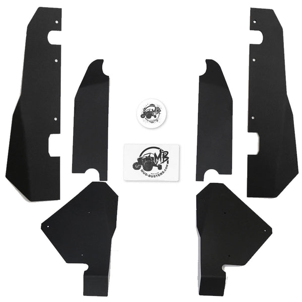 Overhead view of parts included in the Super Max Coverage Fender flare kit. Six plastic fender flare parts, 1 hardware kit, and 1 mudbusters sticker