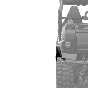 Image from back of Kawasaki Teryx 2 highlighting the driver side  max coverage fender flare installed