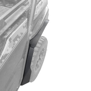 View looking down on the Kawasaki Teryx 2 rear fender and tire, with the max coverage fender flare installed. Provides an idea of coverage.