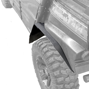 View looking down on Kawasaki Teryx 2 driver side rear.  The image looks forward from the back to front showing the rear max fender flare installed for a visualization of the coverage.