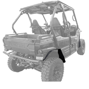 Image of Kawasaki Teryx 2 looking from the back towards the front on the passenger side with the MudBuster Max Coverage fender flares installed on the front and rear.