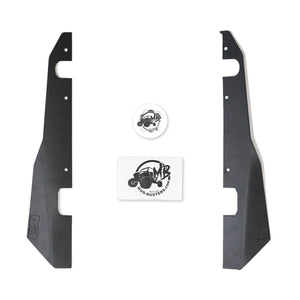 Image of Front fender flares for Kawasaki Teryx 2 with installation hardware and sticker included in the kit.
